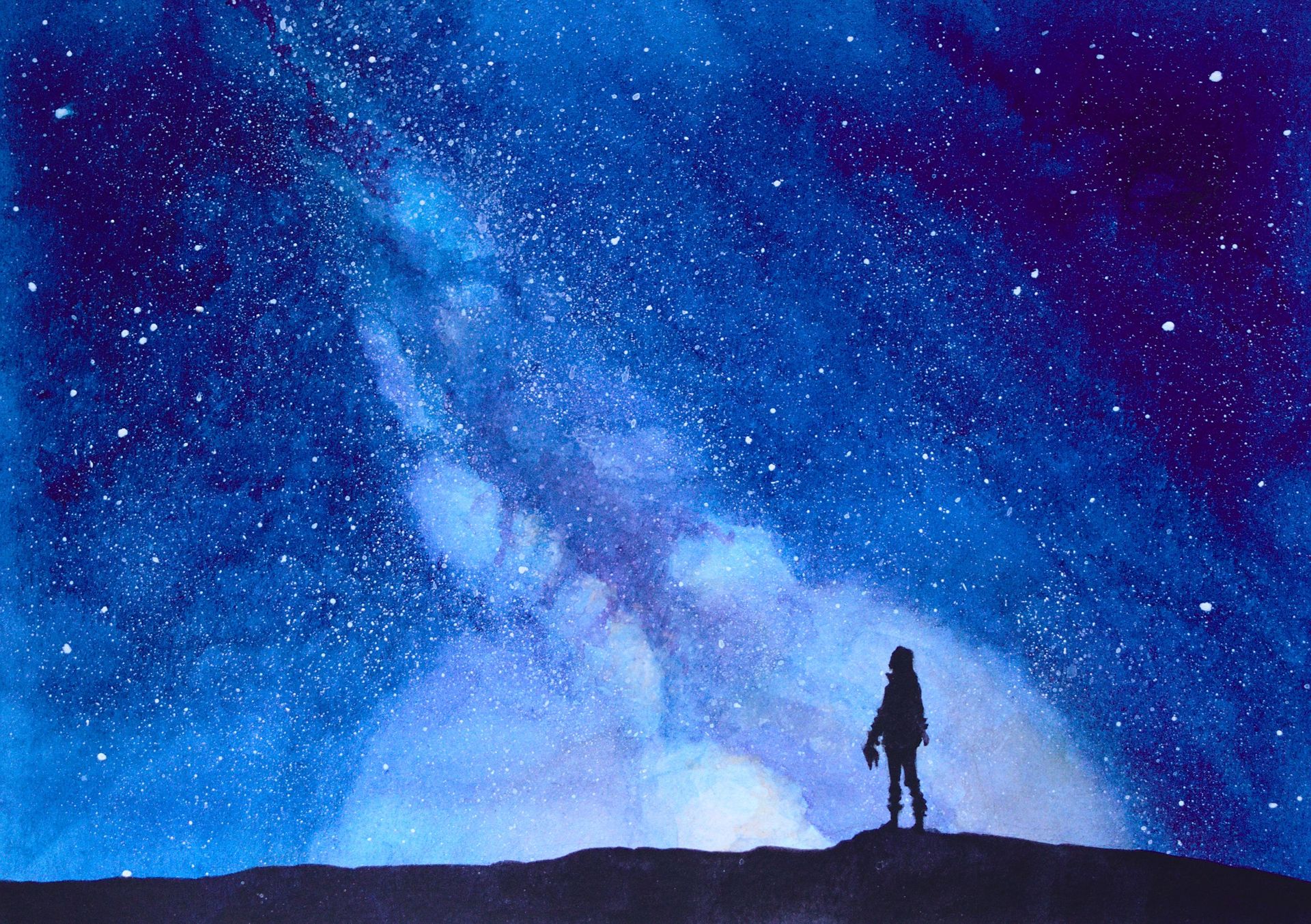 Watercolor painting of a night sky with Milky Way. In the bottom right, there is a small black silhouette of a woman, looking up.